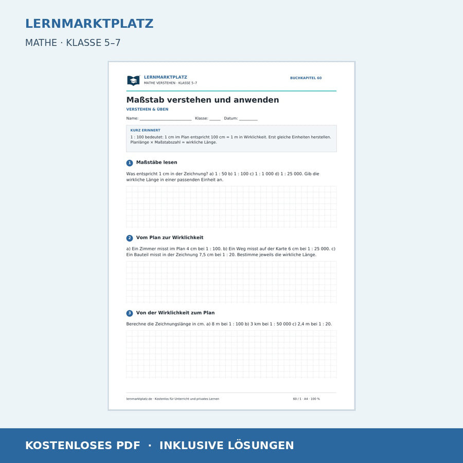Maßstab verstehen und anwenden – kostenloses Mathe-Arbeitsblatt mit Lösungen (PDF) – Vorschau