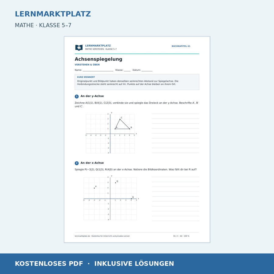 Achsenspiegelung – kostenloses Mathe-Arbeitsblatt mit Lösungen (PDF) – Vorschau