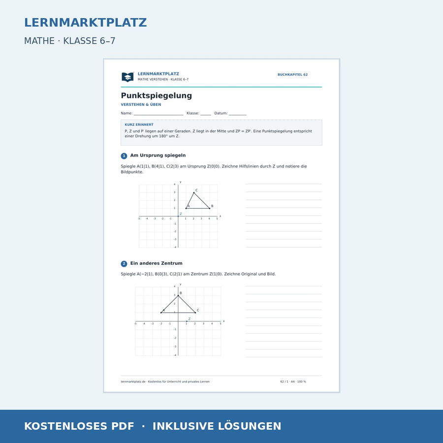 Punktspiegelung – kostenloses Mathe-Arbeitsblatt mit Lösungen (PDF) – Vorschau
