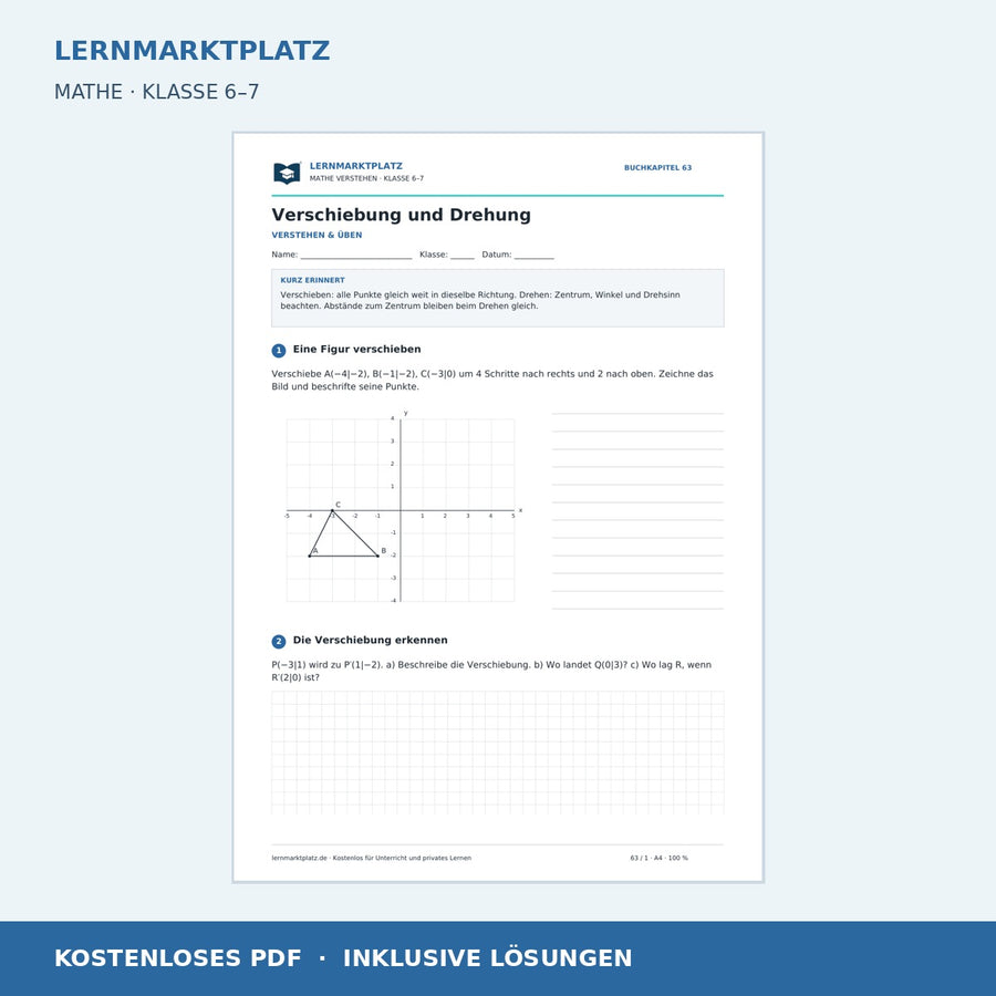 Verschiebung und Drehung – kostenloses Mathe-Arbeitsblatt mit Lösungen (PDF) – Vorschau