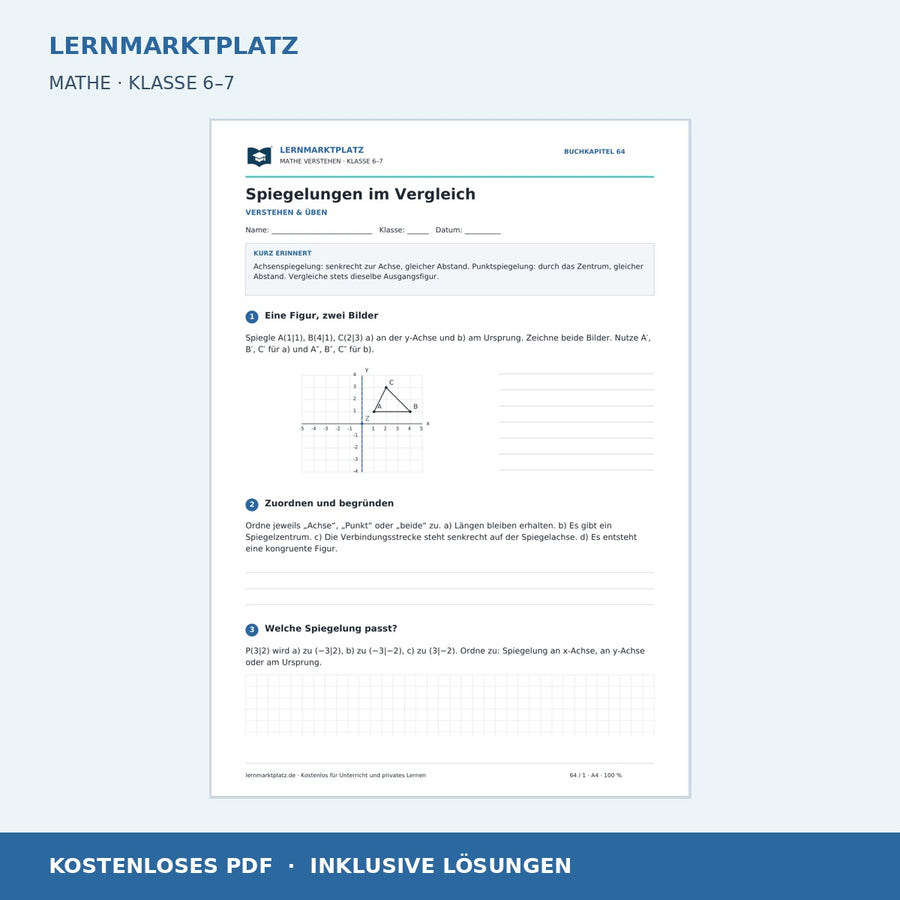 Spiegelungen im Vergleich – kostenloses Mathe-Arbeitsblatt mit Lösungen (PDF) – Vorschau