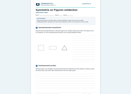 Symmetrie an Figuren entdecken – kostenloses Mathe-Arbeitsblatt mit Lösungen (PDF) – Vorschau