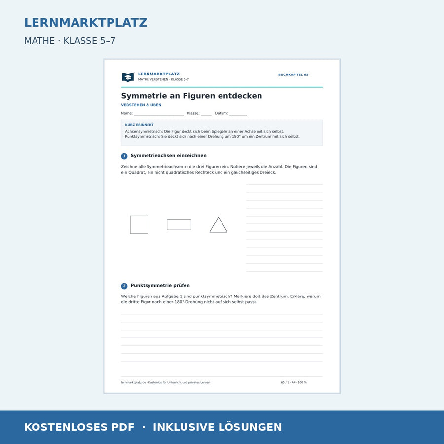 Symmetrie an Figuren entdecken – kostenloses Mathe-Arbeitsblatt mit Lösungen (PDF) – Vorschau