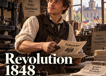 Revolution 1848 – Menschen erzählen Geschichte. KI-generierte historische Illustration.