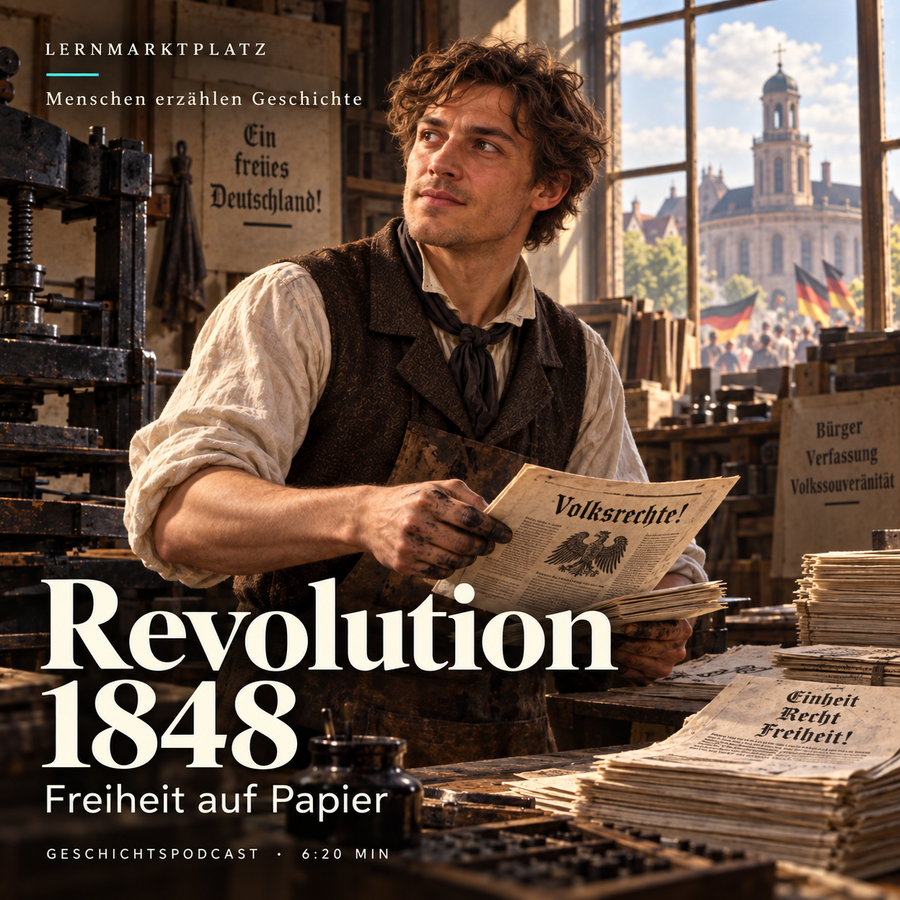Revolution 1848 – Menschen erzählen Geschichte. KI-generierte historische Illustration.