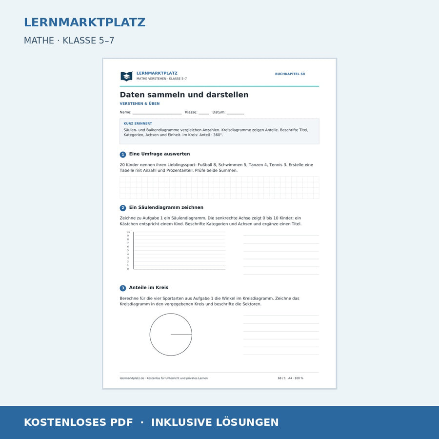 Daten sammeln und darstellen – kostenloses Mathe-Arbeitsblatt mit Lösungen (PDF) – Vorschau