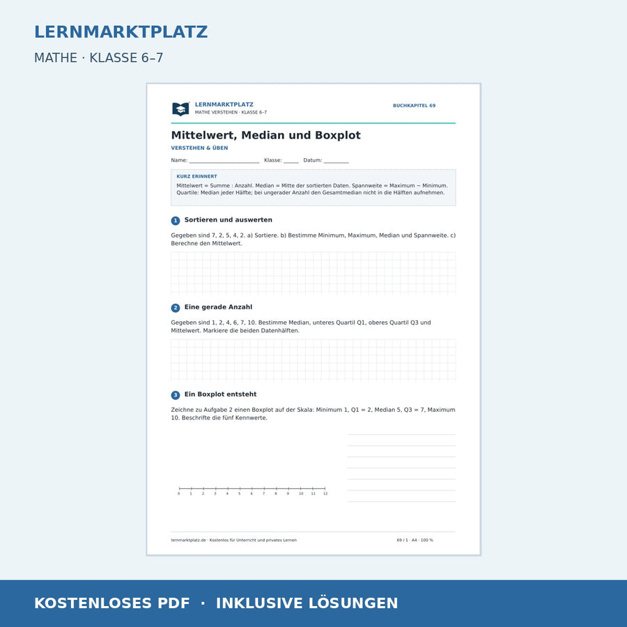 Mittelwert, Median und Boxplot – kostenloses Mathe-Arbeitsblatt mit Lösungen (PDF) – Vorschau