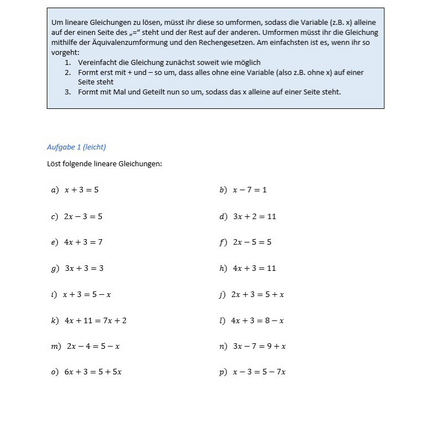 Arbeitsblatt zum Lösen von Gleichungen (3 Schwierigkeitsstufen)