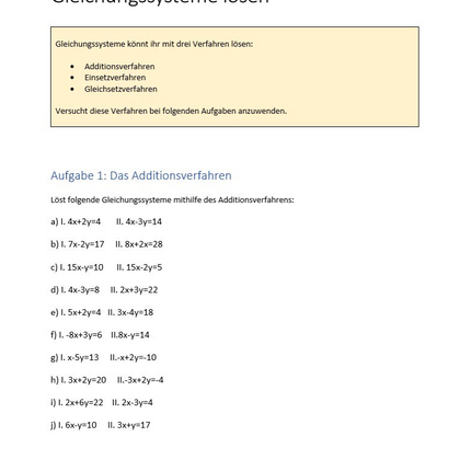 Arbeitsblatt zum Lösen von Gleichungssystemen (40 Aufgaben)