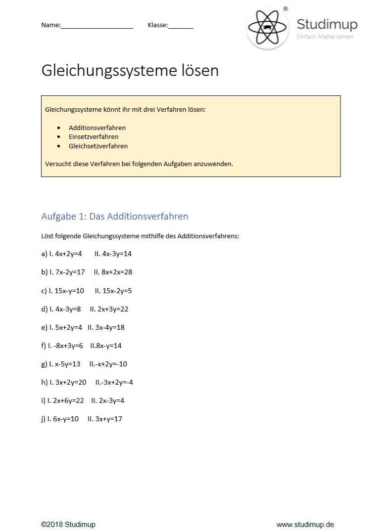 Arbeitsblatt zum Lösen von Gleichungssystemen (40 Aufgaben) - Lernmarktplatz