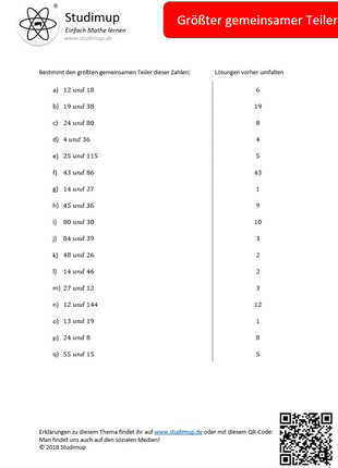 Arbeitsblatt zum größten gemeinsamen Teiler (ggT) (17 Aufgaben)