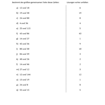 Arbeitsblatt zum größten gemeinsamen Teiler (ggT) (17 Aufgaben)