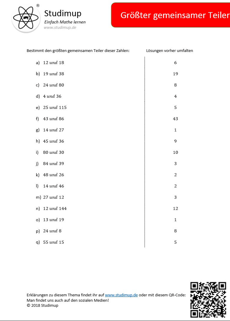 Arbeitsblatt zum größten gemeinsamen Teiler (ggT) (17 Aufgaben) - Lernmarktplatz