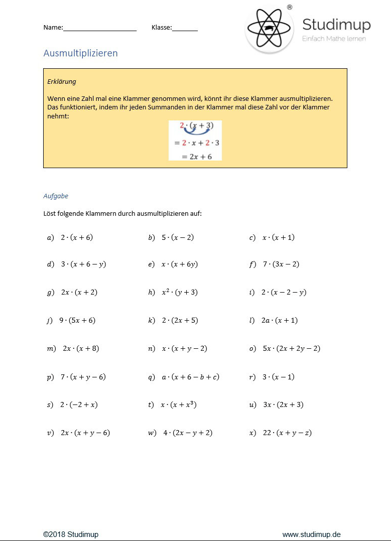 Arbeitsblatt zum Ausklammern und Ausmultiplizieren mit Erklärungen