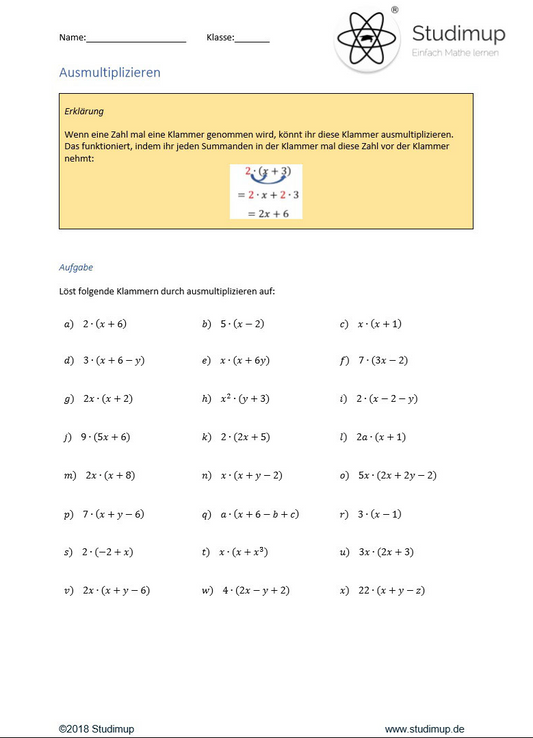 Arbeitsblatt zum Ausklammern und Ausmultiplizieren mit Erklärungen