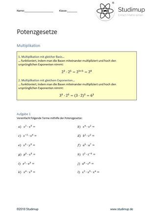 Arbeitsblatt: Potenzgesetze – Mit Wiederholungen und 54 Aufgaben