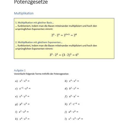 Arbeitsblatt: Potenzgesetze – Mit Wiederholungen und 54 Aufgaben