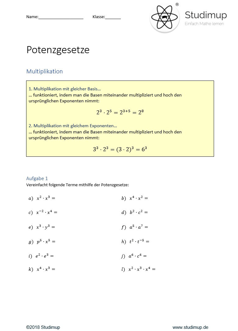 Arbeitsblatt: Potenzgesetze – Mit Wiederholungen und 54 Aufgaben - Lernmarktplatz