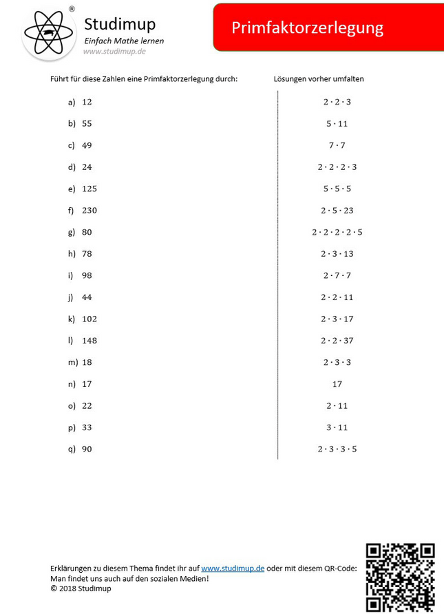 Arbeitsblatt Primfaktorzerlegung – Zwei praktische Varianten - Lernmarktplatz