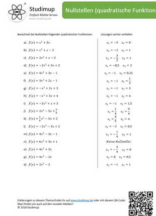 Arbeitsblatt zur Berechnung von Nullstellen bei quadratischen Funktionen