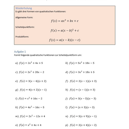 Arbeitsblatt zum Umformen von quadratischen Funktionen