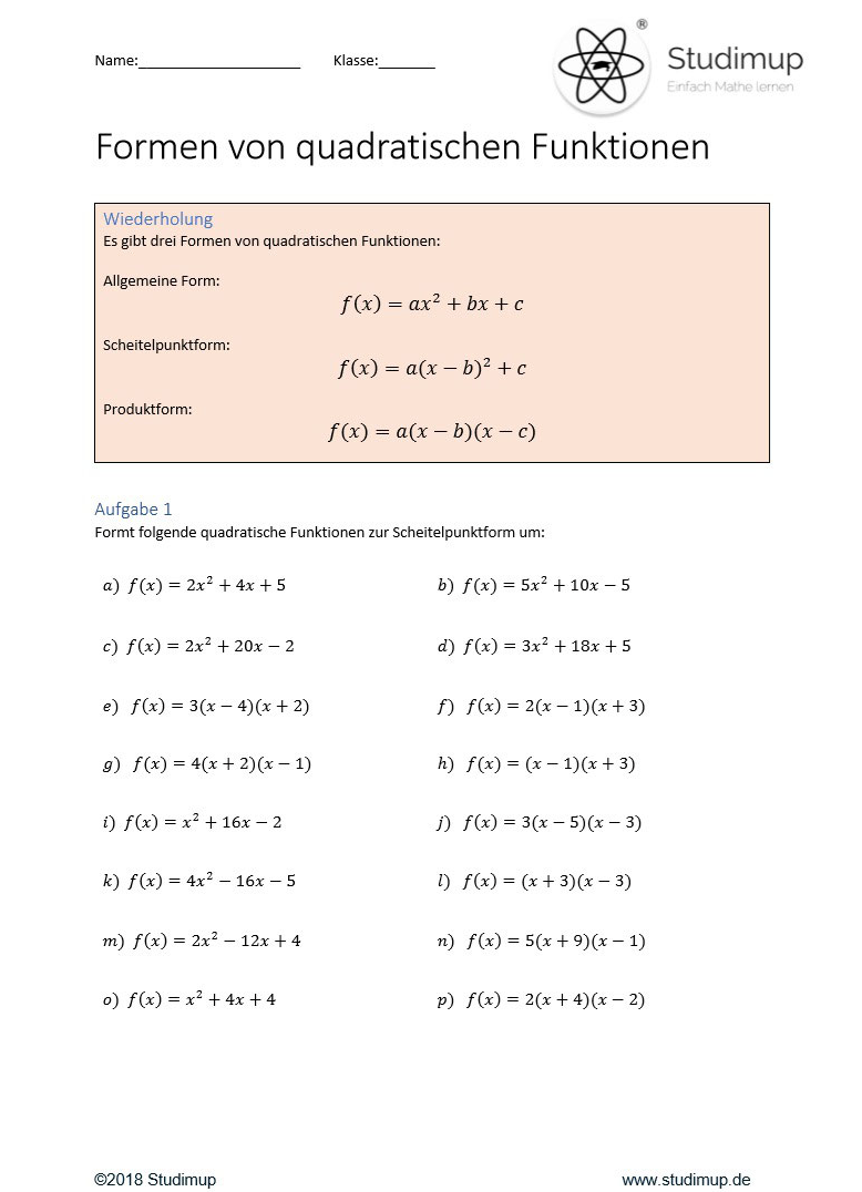 Arbeitsblatt zum Umformen von quadratischen Funktionen - Lernmarktplatz