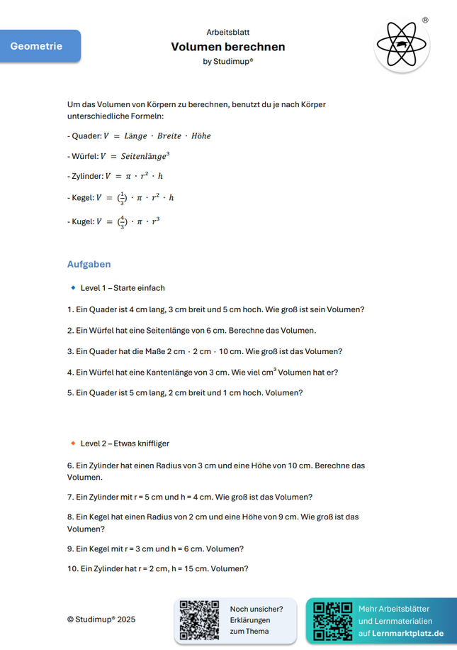 Volumen berechnen – Mathe-Arbeitsblatt mit Lösungen (Quader, Zylinder, Kugel)