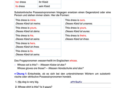 Englisch Arbeitsblatt: Possessivpronomen attributiv & substantivisch