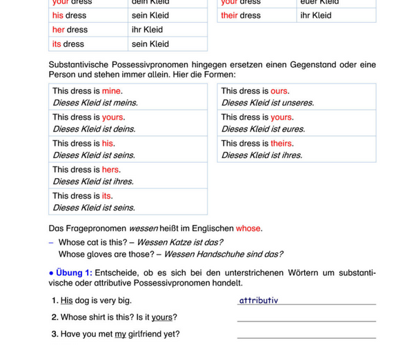 Englisch Arbeitsblatt: Possessivpronomen attributiv & substantivisch –  Lernmarktplatz