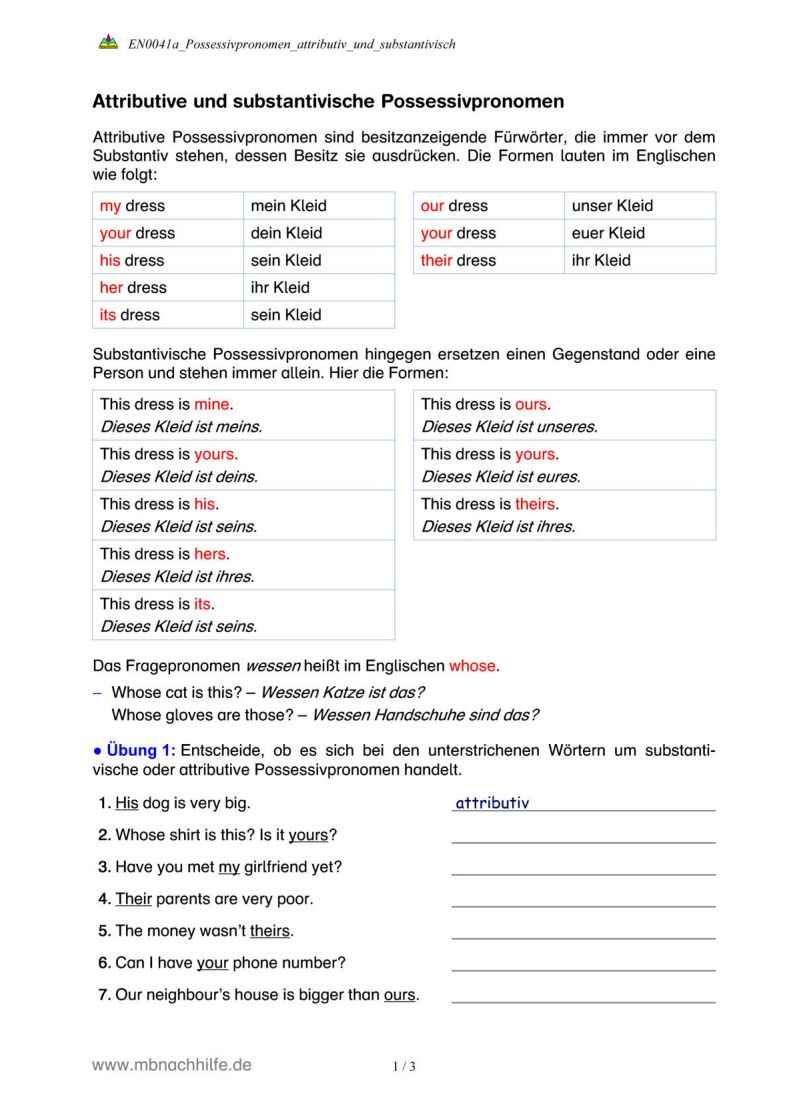 Englisch Arbeitsblatt: Possessivpronomen attributiv & substantivisch – Lernmarktplatz