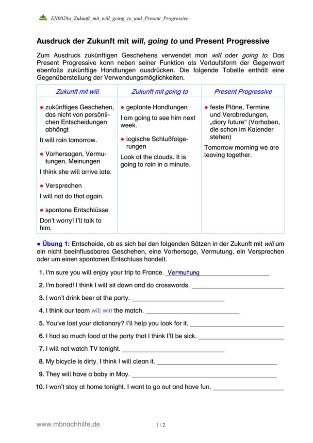 Englisch Arbeitsblatt: Zukunft mit will, going to & Present Progressive (Klasse 7)