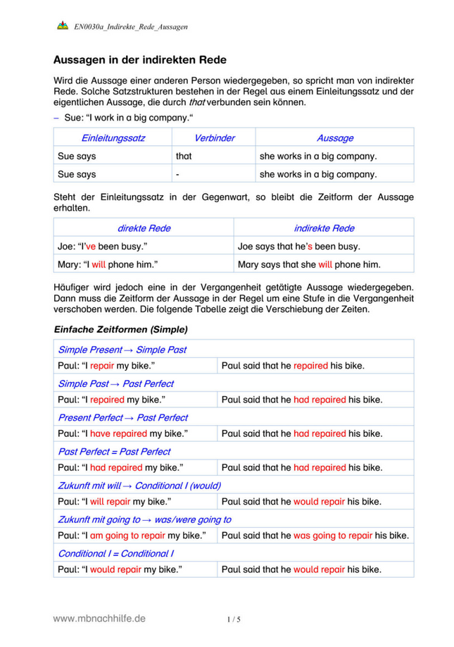 Englisch Arbeitsblatt: Indirekte Rede bei Aussagen (Reported Speech)