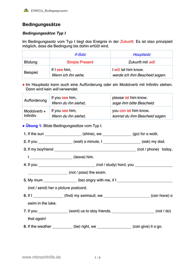 Englisch Arbeitsblatt: If-Sätze Typ I, II & III – Bedingungssätze erklärt & geübt
