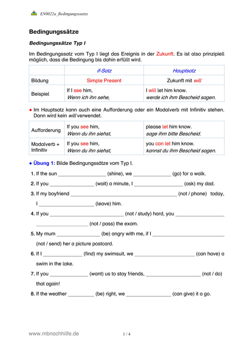 Englisch Arbeitsblatt: If-Sätze Typ I, II & III – Bedingungssätze erklärt & geübt