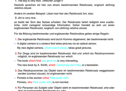 Englisch Arbeitsblatt: Bestimmende & ergänzende Relativsätze – defining vs. non-defining