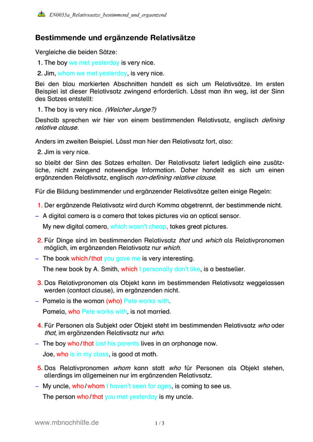 Englisch Arbeitsblatt: Bestimmende & ergänzende Relativsätze – defining vs. non-defining