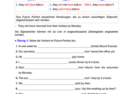 Englisch Arbeitsblatt: Future Perfect – Bildung & Übungen zum Futur II