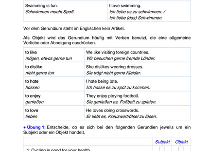 Englisch Arbeitsblatt: Gerundium als Subjekt & Objekt – Bildung & Übungen