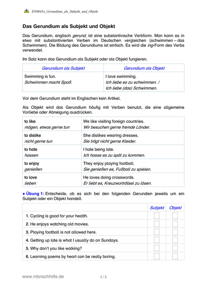 Englisch Arbeitsblatt: Gerundium als Subjekt & Objekt – Bildung & Übungen