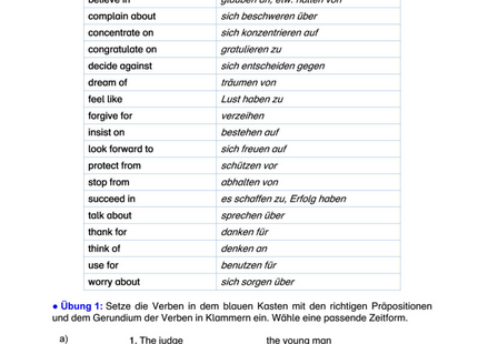 Englisch Arbeitsblatt: Gerundium nach Verben mit Präpositionen – Übungen & Beispiele
