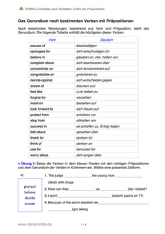 Englisch Arbeitsblatt: Gerundium nach Verben mit Präpositionen – Übungen & Beispiele
