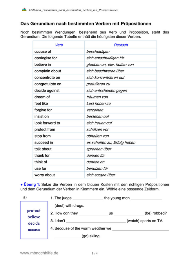 Englisch Arbeitsblatt: Gerundium nach Verben mit Präpositionen – Übungen & Beispiele