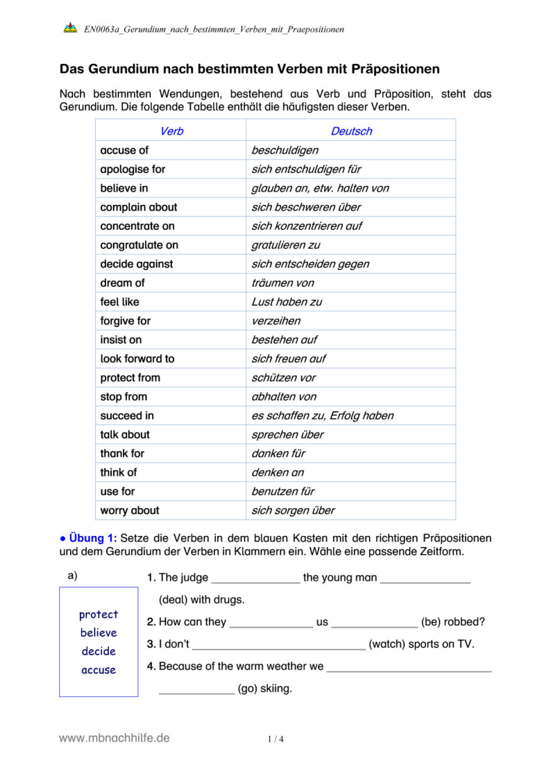 Englisch Arbeitsblatt: Gerundium nach Verben mit Präpositionen – Übungen & Beispiele
