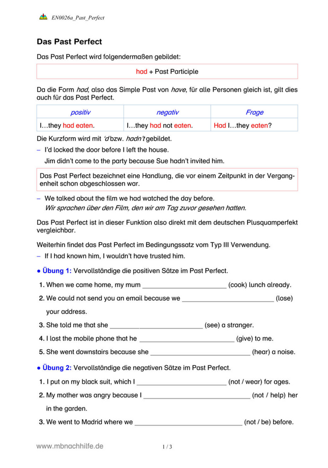 Englisch Arbeitsblatt: Past Perfect – Plusquamperfekt im Englischen
