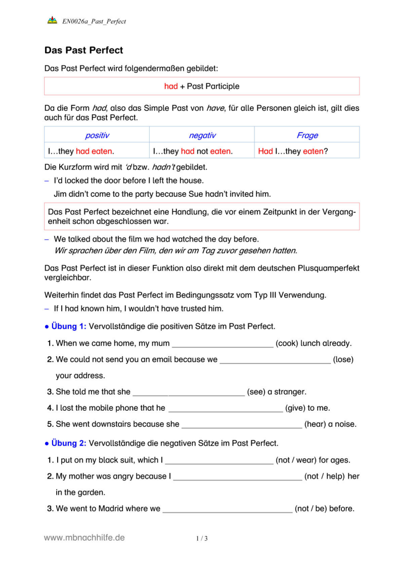 Englisch Arbeitsblatt: Past Perfect – Plusquamperfekt im Englischen