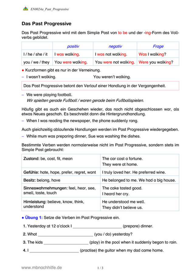 Englisch Arbeitsblatt: Past Progressive – Verlaufsform der Vergangenheit