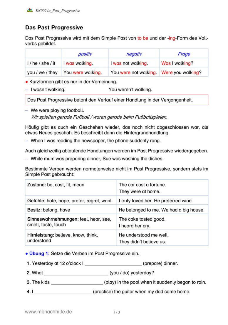 Englisch Arbeitsblatt: Past Progressive – Verlaufsform der Vergangenheit