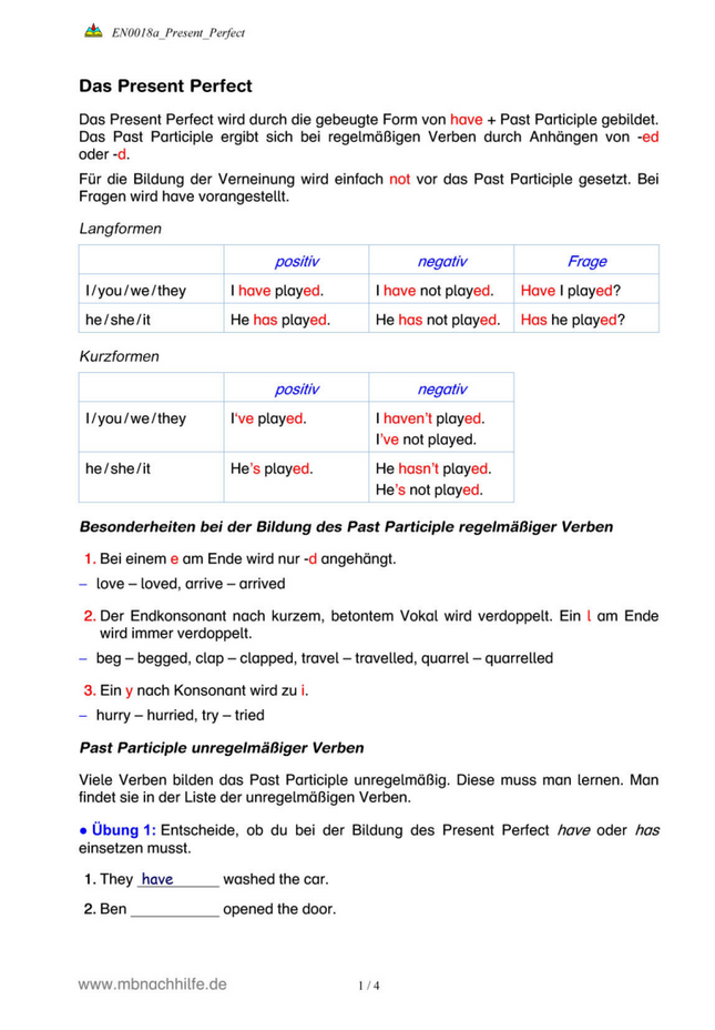 Englisch Arbeitsblatt: Present Perfect – Bildung, Gebrauch & Übungen