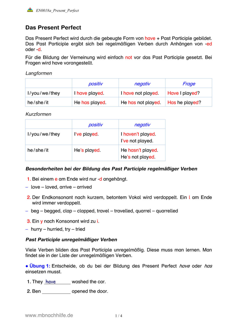 Englisch Arbeitsblatt: Present Perfect – Bildung, Gebrauch & Übungen