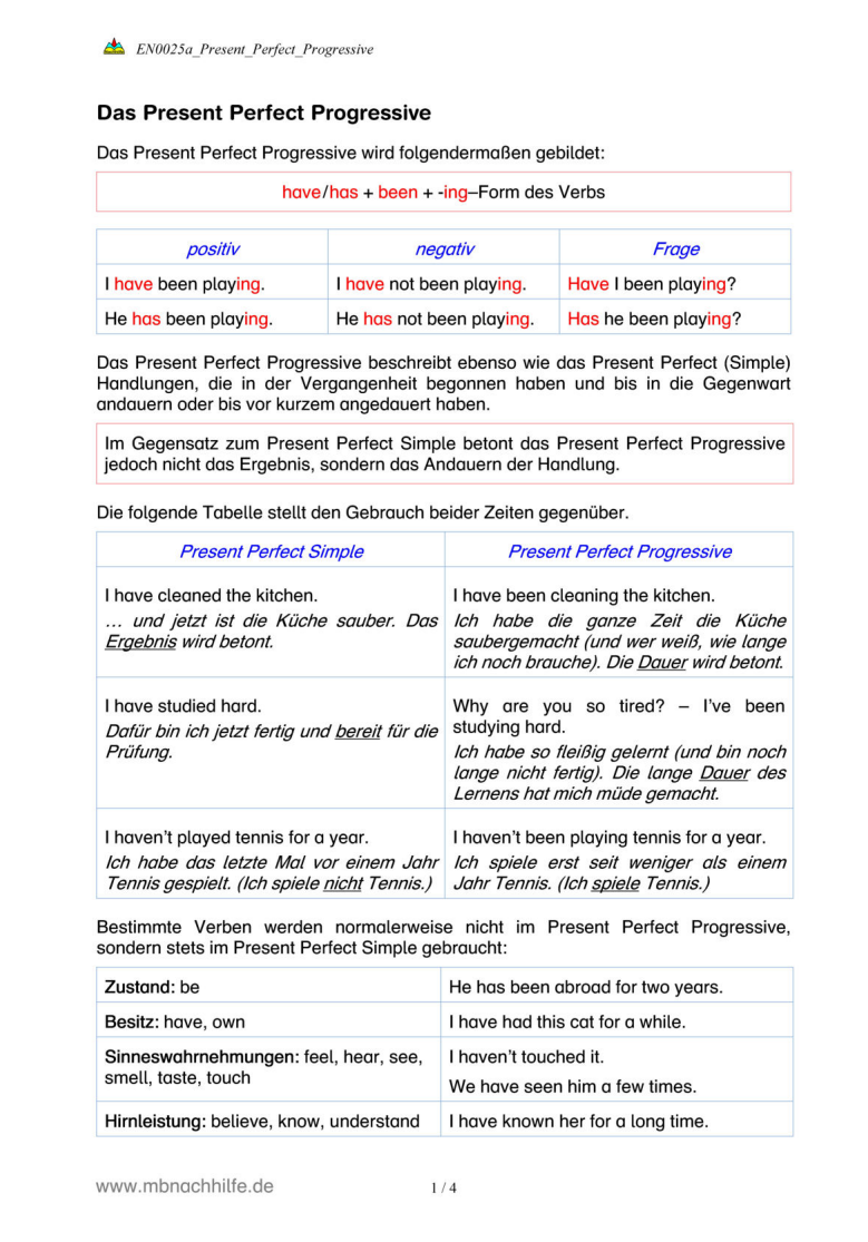 Englisch Arbeitsblatt: Present Perfect Progressive – Dauerhandlungen in der Gegenwart